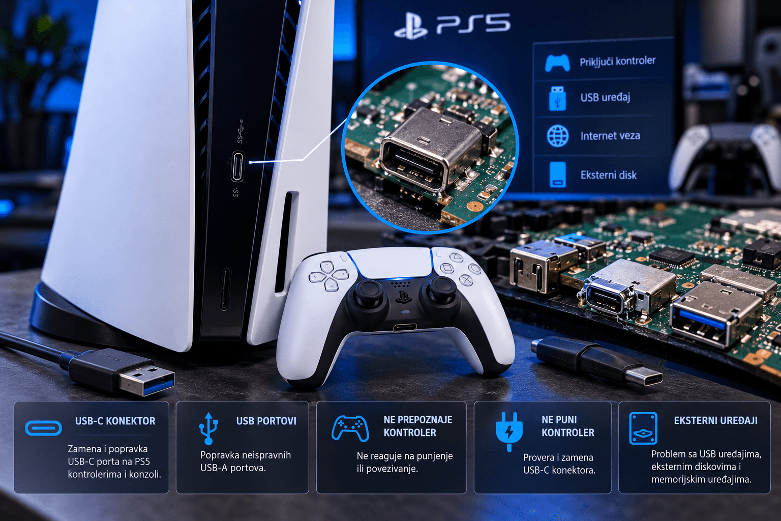 PS5 USB i USB-C popravka priključka